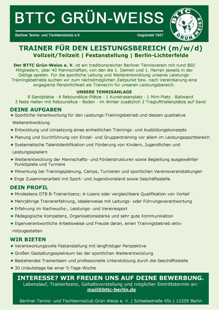 bttc ausschreibung trainer leistungsbereich 2026